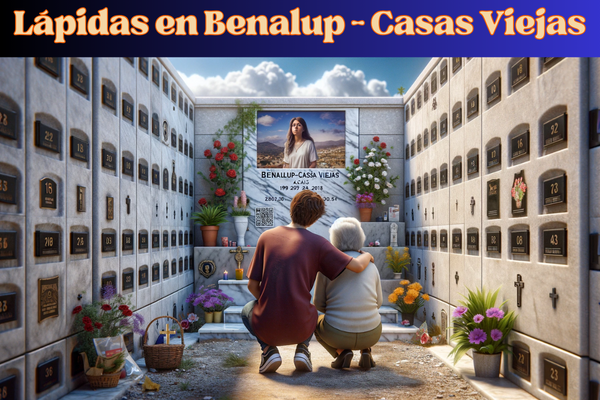 Una imagen horizontal hiperrealista de un joven acompañando a su madre o padre ancianos, mirando la lápida de un familiar fallecido. La lápida está colocada en una pared de nichos y presenta un pequeño código QR y una foto del miembro de la familia. La ambientación sugiere que se encuentran en el cementerio de Benalup-Casas Viejas, Cádiz, con sus detalles y atmósfera característicos. La escena es emotiva y reflexiva, con flores y homenajes alrededor de la lápida, bajo un cielo azul claro con algunas nubes esponjosas. https://www.lapidas.top/