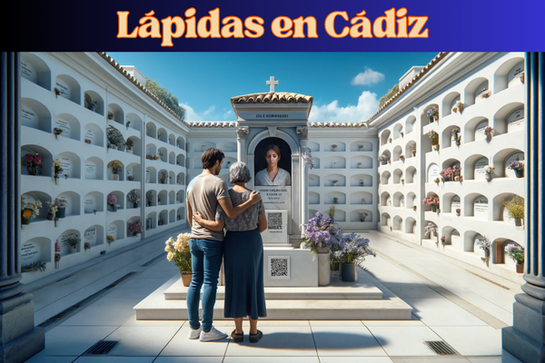 Una imagen horizontal hiperrealista de una pareja joven de entre 35 y 40 años, mirando la lápida de un familiar fallecido. La lápida está colocada en una pared de nichos y presenta un pequeño código QR y una foto del miembro de la familia. La pareja está muy junta, lo que refleja una sensación de pérdida y recuerdo. La escena está ambientada en el cementerio de Cádiz, con detalles arquitectónicos típicos españoles, paredes encaladas y un ambiente sereno y respetuoso. Los alrededores tienen flores y tributos cuidadosamente dispuestos, bajo un cielo azul claro con algunas nubes esponjosas. https://www.lapidas.top/