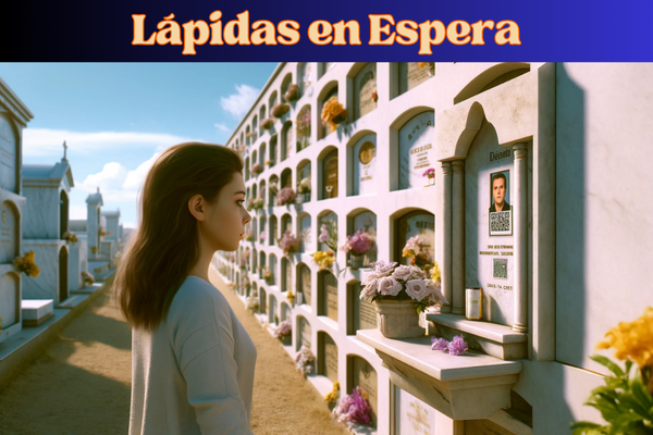 Imagen horizontal hiperrealista de una joven de entre 25 y 35 años mirando una lápida incrustada en una pared de nichos. La lápida presenta un pequeño código QR y una fotografía de un familiar fallecido. La escena está ambientada en el cementerio de Espera, Cádiz, con muros bien cuidados y flores alrededor de los nichos. La joven se muestra reflexiva y respetuosa mientras contempla la lápida, con un cielo azul claro y algunas nubes esponjosas de fondo, creando una atmósfera de paz. https://www.lapidas.top/