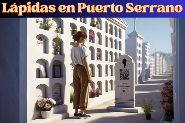 Una imagen horizontal hiperrealista de una mujer joven, de entre 25 y 45 años, mirando una lápida en una pared de nichos de un familiar fallecido. La lápida presenta un pequeño código QR y una foto o silueta del miembro de la familia. El cementerio recuerda al Puerto Serrano de Cádiz, con paredes encaladas y flores cuidadosamente dispuestas. La joven está vestida de manera informal y permanece respetuosa y pensativamente mientras contempla la lápida. El escenario es tranquilo, con cielos azules y despejados y una atmósfera pacífica. https://www.lapidas.top/