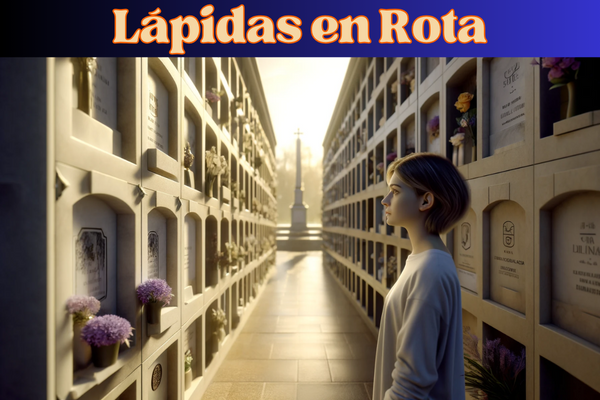 Imagen horizontal hiperrealista de una joven de unos treinta años mirando una lápida en una pared de hornacinas del cementerio de Rota, Cádiz. La lápida presenta un pequeño código QR y una fotografía con la silueta de un familiar fallecido. La mujer tiene una expresión contemplativa, reflexionando sobre su pérdida. La pared de nichos está bien mantenida, con flores y otros tributos colocados alrededor. El cementerio goza de un ambiente sereno y respetuoso, con cielos despejados y la cálida luz del sol propia de Cádiz. https://www.lapidas.top/