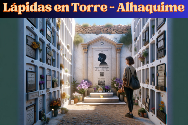 Una imagen horizontal hiperrealista de una mujer joven mirando la lápida de un familiar fallecido. La lápida está empotrada en una pared de nichos y presenta tanto un pequeño código QR como una fotografía con la silueta o imagen del familiar. La escena está ambientada en el cementerio de Torre-Alhaquime, Cádiz, con su arquitectura y entorno distintivos. La joven está de pie respetuosamente, reflexionando sobre el recuerdo de su ser querido. El ambiente es sereno y contemplativo, con flores y tributos alrededor de los nichos bien mantenidos y un cielo azul claro en lo alto. https://www.lapidas.top/