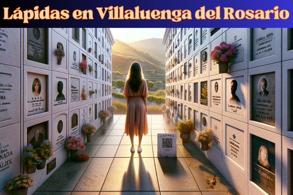 Una imagen horizontal hiperrealista de una mujer joven mirando una lápida en una pared de nichos para un familiar fallecido. La lápida tiene un pequeño código QR y una foto con la silueta o imagen del familiar. La escena sugiere que se trata del cementerio de Villaluenga del Rosario en Cádiz. El cementerio está bien mantenido, con paredes de piedra blanca y flores cuidadosamente dispuestas. La joven se muestra reflexiva y respetuosa, parada frente a la lápida. El fondo presenta la pintoresca campiña de Villaluenga del Rosario, con colinas y un cielo azul claro. https://www.lapidas.top/
