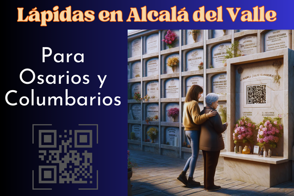 Una imagen cuadrada hiperrealista de una joven que acompaña a su anciana madre mientras contemplan una lápida en un muro de osarios o columbarios. La lápida presenta un pequeño código QR y una foto de un miembro de la familia. La joven sostiene una urna funeraria con un pequeño código QR. La escena sugiere que se encuentran en el cementerio de Alcalá del Valle de Cádiz, cuya decoración y contexto reflejan un ambiente solemne y respetuoso. La pared está bien mantenida, con flores y homenajes alrededor. https://www.lapidas.top/