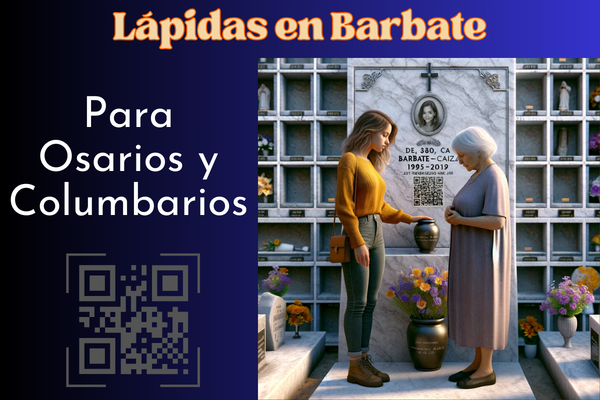 Una imagen cuadrada hiperrealista de una joven que acompaña a su anciana madre, ambas de pie frente a una lápida en una pared de columbarios. La lápida tiene un pequeño código QR y una foto de un familiar fallecido. La joven sostiene una urna funeraria con un pequeño código QR. La escena está decorada con flores y tiene un ambiente solemne, indicando que se encuentran en el cementerio de Barbate, Cádiz. El muro de columbarios está bien mantenido y el entorno general es respetuoso y sereno. https://www.lapidas.top/