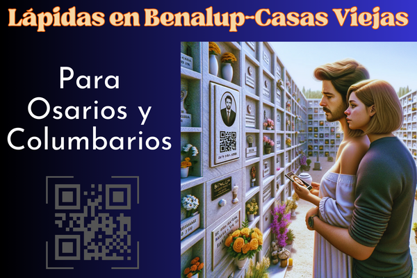 Una imagen cuadrada hiperrealista de una pareja joven, de entre 35 y 40 años, contemplando una lápida en un muro de osarios o columbarios. La lápida presenta un pequeño código QR y una fotografía de un familiar fallecido. Uno de ellos sostiene una urna funeraria con un pequeño código QR. La escena se sitúa en el cementerio de Benalup - Casas Viejas, Cádiz, con una decoración y un contexto adecuados que sugieren un ambiente respetuoso y solemne. El fondo muestra nichos y flores bien cuidados, bajo un cielo azul claro. https://www.lapidas.top/