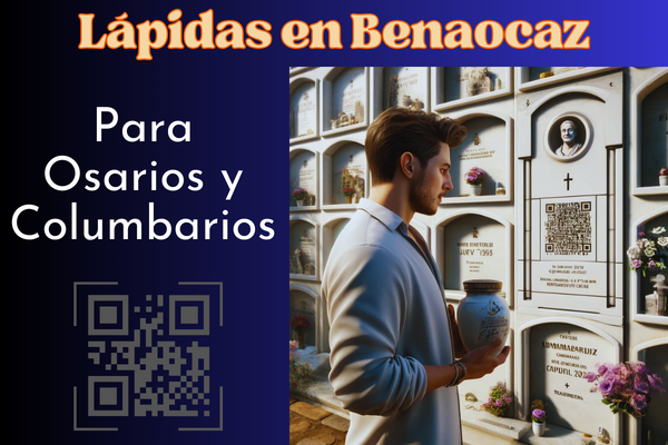 Una imagen cuadrada hiperrealista de un joven de entre 25 y 35 años. Está parado frente a una lápida en una pared de osarios o columbarios, mirando la lápida de un familiar fallecido. La lápida presenta un pequeño código QR y una foto del miembro de la familia. El joven sostiene en sus manos una urna funeraria con un pequeño código QR. La escena está ambientada en el cementerio de Benaocaz, Cádiz, con decoraciones y contexto que indican un ambiente respetuoso y sereno. Los alrededores incluyen nichos bien cuidados y algunas flores. https://www.lapidas.top/