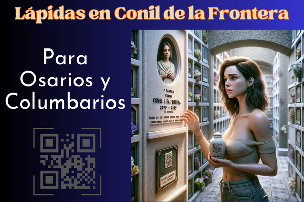 Una imagen cuadrada hiperrealista de una mujer joven, de entre 25 y 35 años, mirando la lápida de un familiar fallecido. La lápida está colocada en una pared de osarios o columbarios, y presenta un pequeño código QR y una foto del miembro de la familia. La joven sostiene una urna funeraria con un pequeño código QR. La escena sugiere que se encuentran en el cementerio de Conil de la Frontera, Cádiz, con la decoración y el contexto adecuados. El ambiente es respetuoso y sereno. https://www.lapidas.top/
