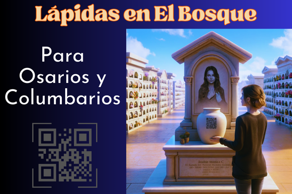 Una imagen cuadrada hiperrealista de una mujer joven de entre 25 y 35 años, mirando la lápida de un familiar fallecido. La lápida está colocada en una pared de osarios o columbarios y presenta un pequeño código QR y una foto del miembro de la familia. La mujer sostiene una urna funeraria con un pequeño código QR. La escena está ambientada en el cementerio de El Bosque, Cádiz, con la decoración y el contexto adecuados. El ambiente es sombrío pero respetuoso, bajo un cielo azul claro y con algunas nubes. https://www.lapidas.top/