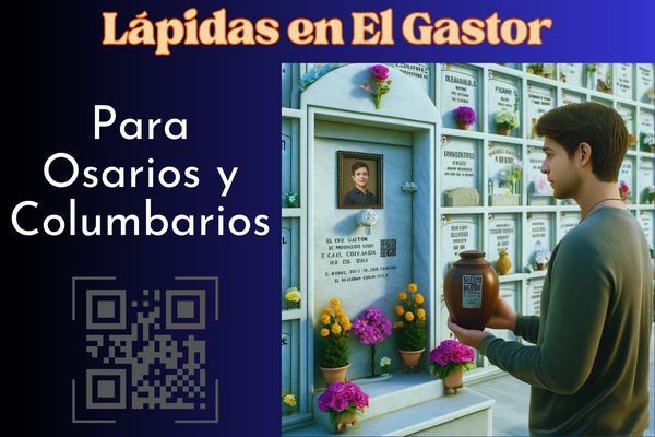 Una imagen cuadrada hiperrealista de un joven, de entre 25 y 35 años, mirando la lápida de un familiar fallecido. La lápida está colocada en una pared de nichos de columbario y presenta un pequeño código QR y una foto del miembro de la familia. El joven sostiene una urna funeraria con un pequeño código QR. La escena está decorada para sugerir que se encuentran en el cementerio de El Gastor de Cádiz, con nichos bien cuidados, flores y un ambiente sereno. https://www.lapidas.top/