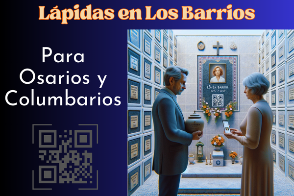 Una imagen cuadrada hiperrealista de una pareja madura, de entre 55 y 60 años, mirando la lápida de un familiar fallecido. La lápida está colocada en una pared de osarios o columbarios y presenta un pequeño código QR y una foto del miembro de la familia. El marido sostiene una urna funeraria con un pequeño código QR. La escena está ambientada en el cementerio de Los Barrios, Cádiz, con una decoración y contexto adecuados, transmitiendo una atmósfera sombría y respetuosa. https://www.lapidas.top/