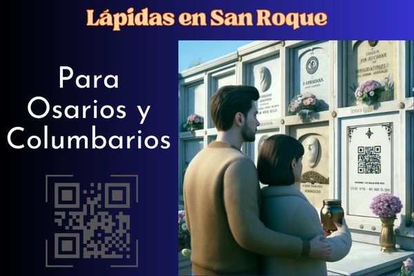 Una imagen cuadrada hiperrealista de una pareja joven, de entre 35 y 40 años, mirando una lápida en un muro de osarios o columbarios, lamentando la muerte de un familiar. La lápida presenta un pequeño código QR y una fotografía del difunto. El marido sostiene una urna funeraria con un pequeño código QR. El entorno está decorado y sugiere que se encuentran en el Cementerio de San Roque de Cádiz. El escenario es respetuoso y sombrío, con una pared bien mantenida y flores alrededor, bajo un cielo despejado. https://www.lapidas.top/