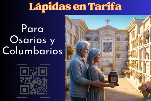 Imagen cuadrada hiperrealista de una pareja madura de entre 55 y 60 años contemplando una lápida en un muro de osarios o columbarios. La lápida presenta un pequeño código QR y una foto de un miembro de la familia. La pareja se muestra solemne y respetuosa, y uno de ellos sostiene una urna funeraria que también tiene un pequeño código QR. El entorno sugiere que están en el cementerio de Tarifa, Cádiz, con su decoración distintiva y su ambiente sereno. El muro de columbarios está bien mantenido, adornado con flores y homenajes, bajo un cielo azul claro. https://www.lapidas.top/