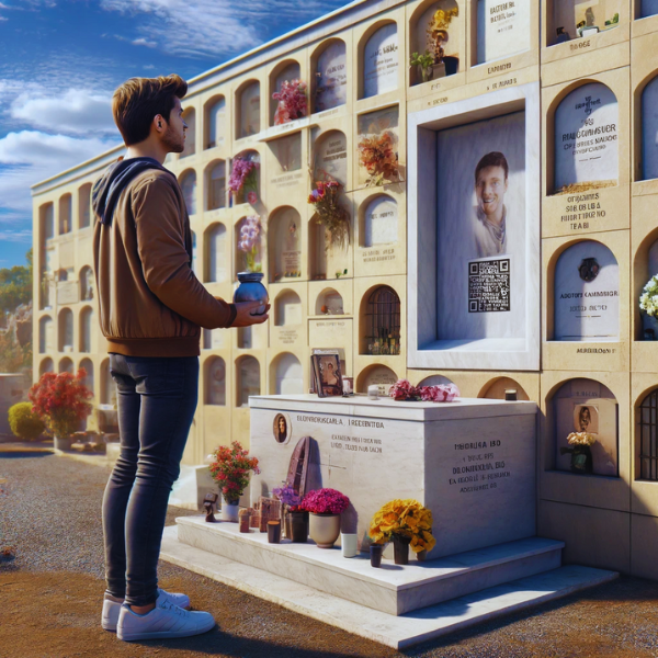 Una imagen cuadrada hiperrealista de un joven, de entre 25 y 35 años, mirando una lápida en un muro de osarios o columbarios. La lápida presenta un pequeño código QR y una fotografía de un familiar fallecido. El joven sostiene una urna funeraria con un pequeño código QR. El escenario se desarrolla en el Cementerio de Trebujena, Cádiz, en un ambiente solemne y respetuoso. La pared está bien mantenida, con flores y otros homenajes alrededor. El cielo está despejado con algunas nubes, lo que contribuye al ambiente tranquilo. https://www.lapidas.top/