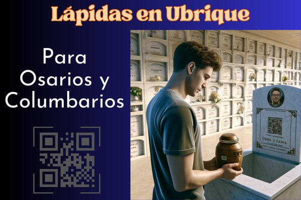 Una imagen cuadrada hiperrealista de un joven de entre 25 y 35 años mirando la lápida de un familiar fallecido. La lápida está colocada en una pared de osarios o columbarios, y presenta un pequeño código QR y una foto del miembro de la familia. El joven sostiene una urna funeraria con un pequeño código QR. El escenario es el cementerio de Ubrique, Cádiz, con hornacinas bien mantenidas y un ambiente de respeto. El joven parece sombrío y reflexivo mientras presenta sus respetos. https://www.lapidas.top/