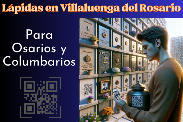 Una imagen cuadrada hiperrealista de un joven de entre 25 y 35 años mirando una lápida en una pared de osarios o columbarios. La lápida tiene un pequeño código QR y una foto de un familiar. El joven sostiene una urna funeraria con un pequeño código QR. El escenario recuerda al cementerio de Villaluenga del Rosario de Cádiz. El ambiente es respetuoso y sombrío, con un entorno bien cuidado, flores y homenajes. https://www.lapidas.top/